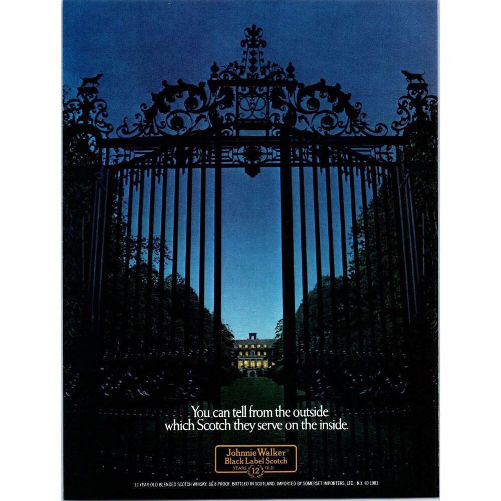 1981 Johnnie Walker Black Label Scotch Mansion Gate Vintage Print Ad Wall Art